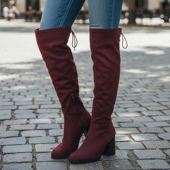 Soda Shoes - Soda Burgandy Faux Suede Over The Knee Boots High Heels Boots Size 7.5 New
